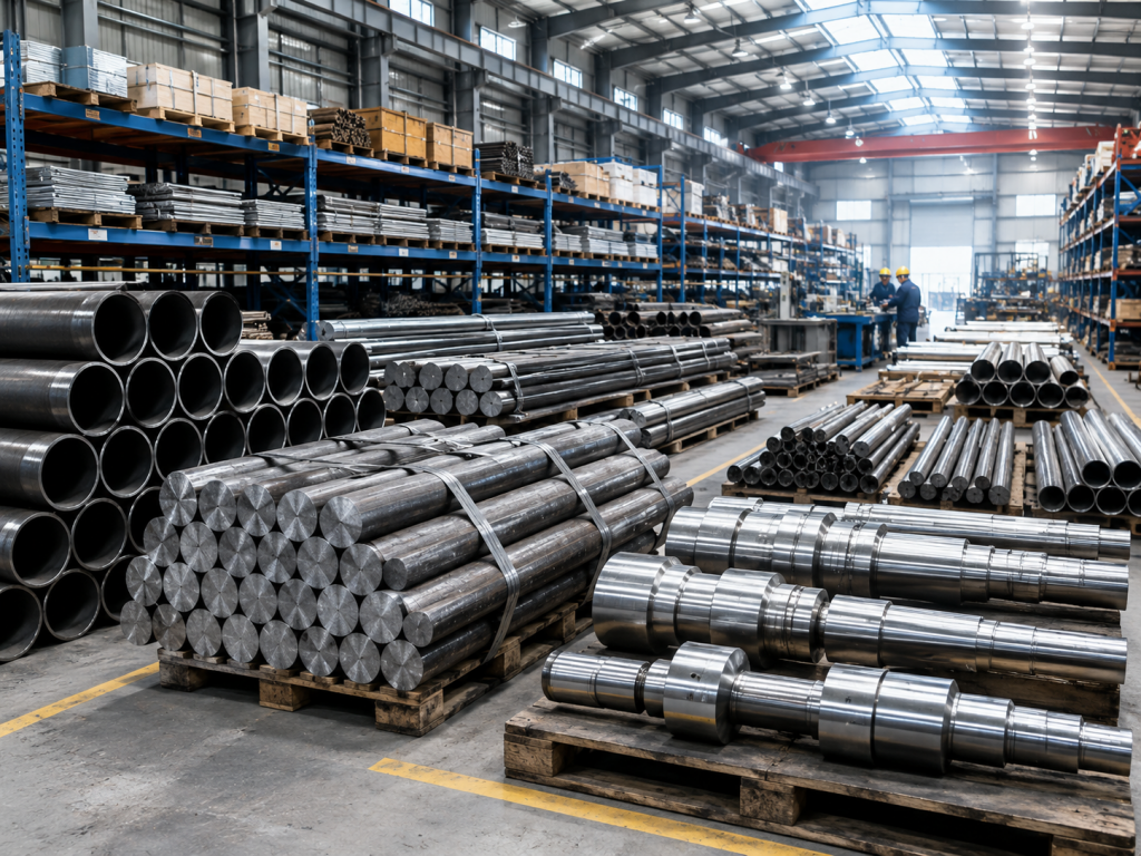Steel pipes, round bars and machined shafts in a storage and handling area